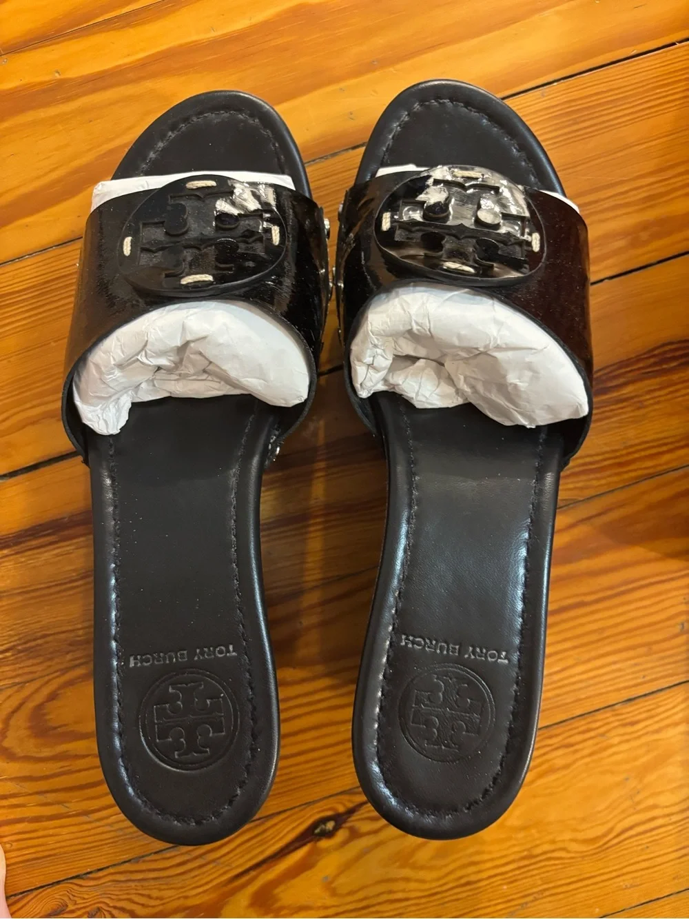 Tory Burch Black Patent Logo Wedge Slides